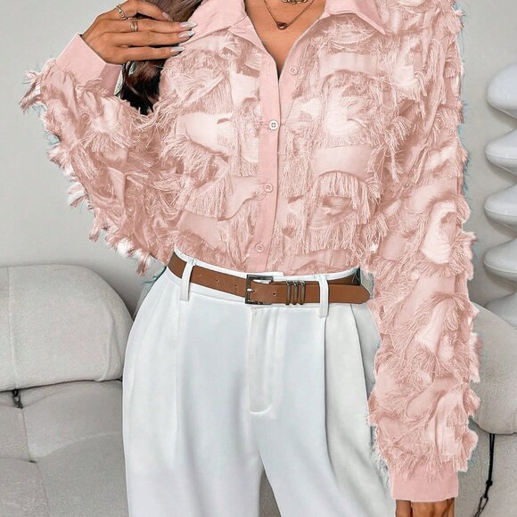 Baby Pink Casual Women's Ruffle Blouse With Fringe Detail - Picture 6 of 7